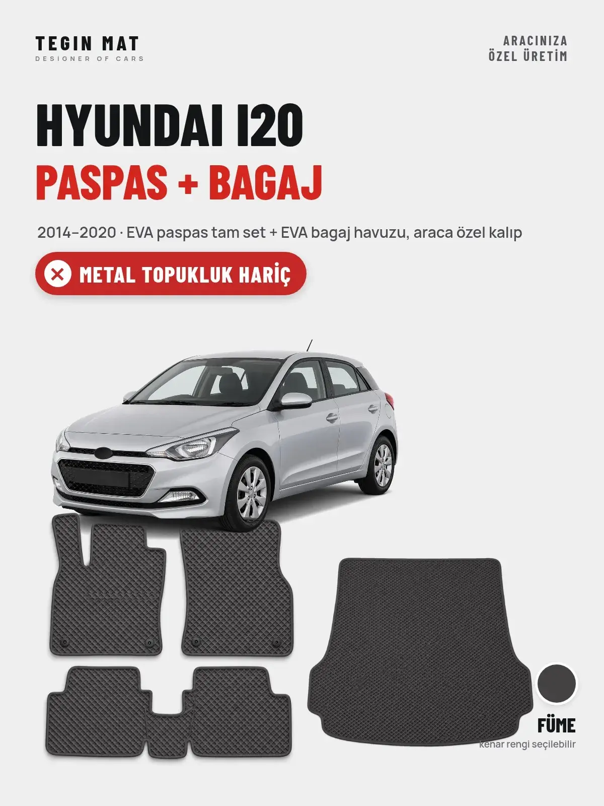 Hyundai i20 EVA Paspas + Bagaj Havuzu Seti (2014–2020) Füme – Metal Topukluk Hariç (1)
