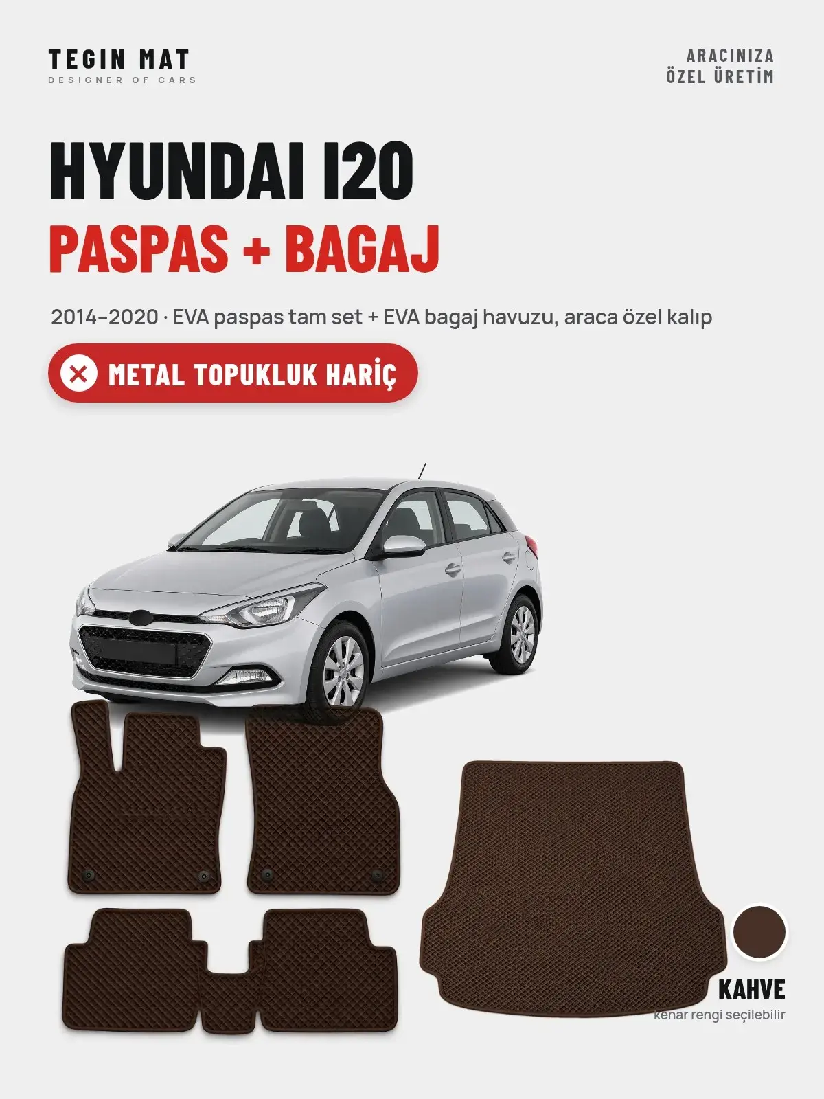 Hyundai i20 EVA Paspas + Bagaj Havuzu Seti (2014–2020) Kahve – Metal Topukluk Hariç (1)
