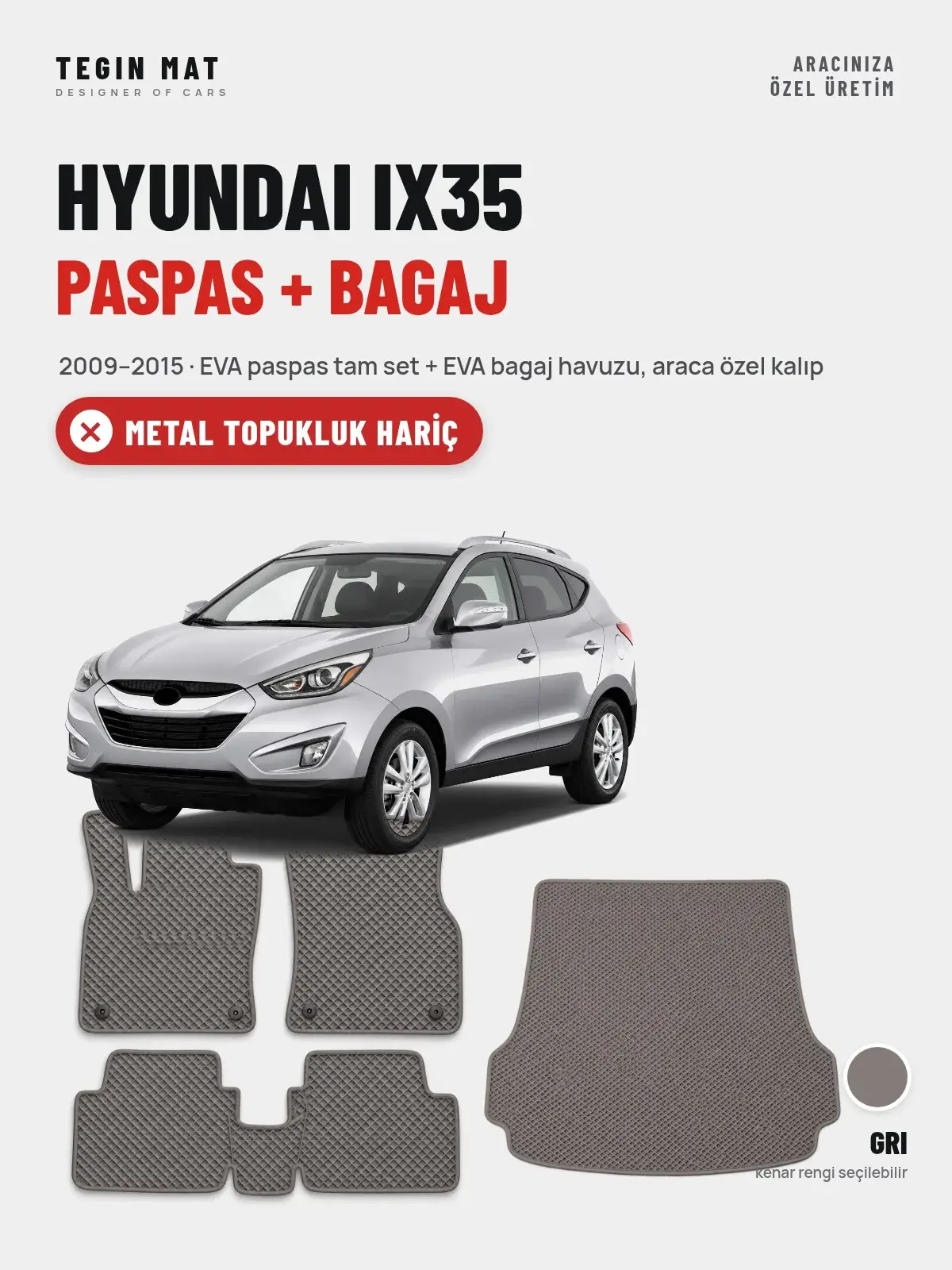 Hyundai IX35 EVA Paspas + Bagaj Havuzu Seti (2009–2015) Gri – Metal Topukluk Hariç (1)