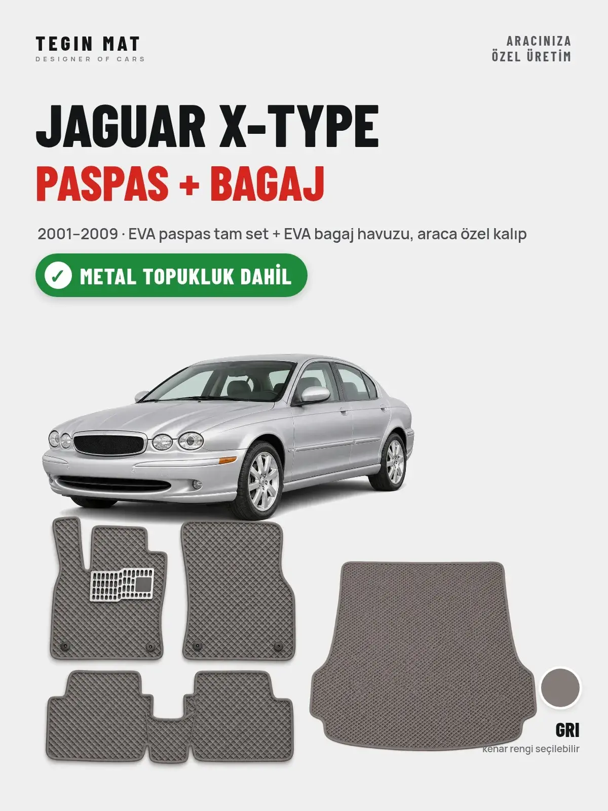 Jaguar X-Type EVA Paspas + Bagaj Havuzu Seti (2001–2009) Gri – Metal Topukluk Dahil (1)