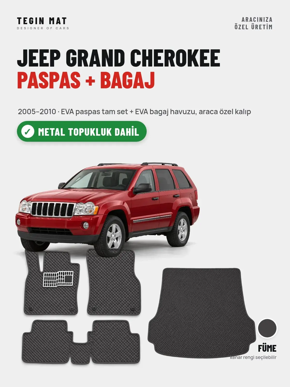 Jeep Grand Cherokee EVA Paspas + Bagaj Havuzu Seti (2005–2010) Füme – Metal Topukluk Dahil (1)