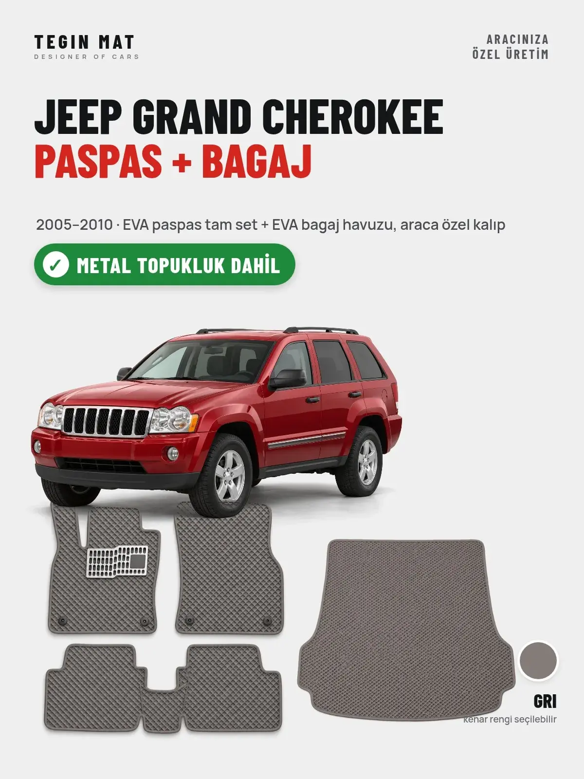 Jeep Grand Cherokee EVA Paspas + Bagaj Havuzu Seti (2005–2010) Gri – Metal Topukluk Dahil (1)