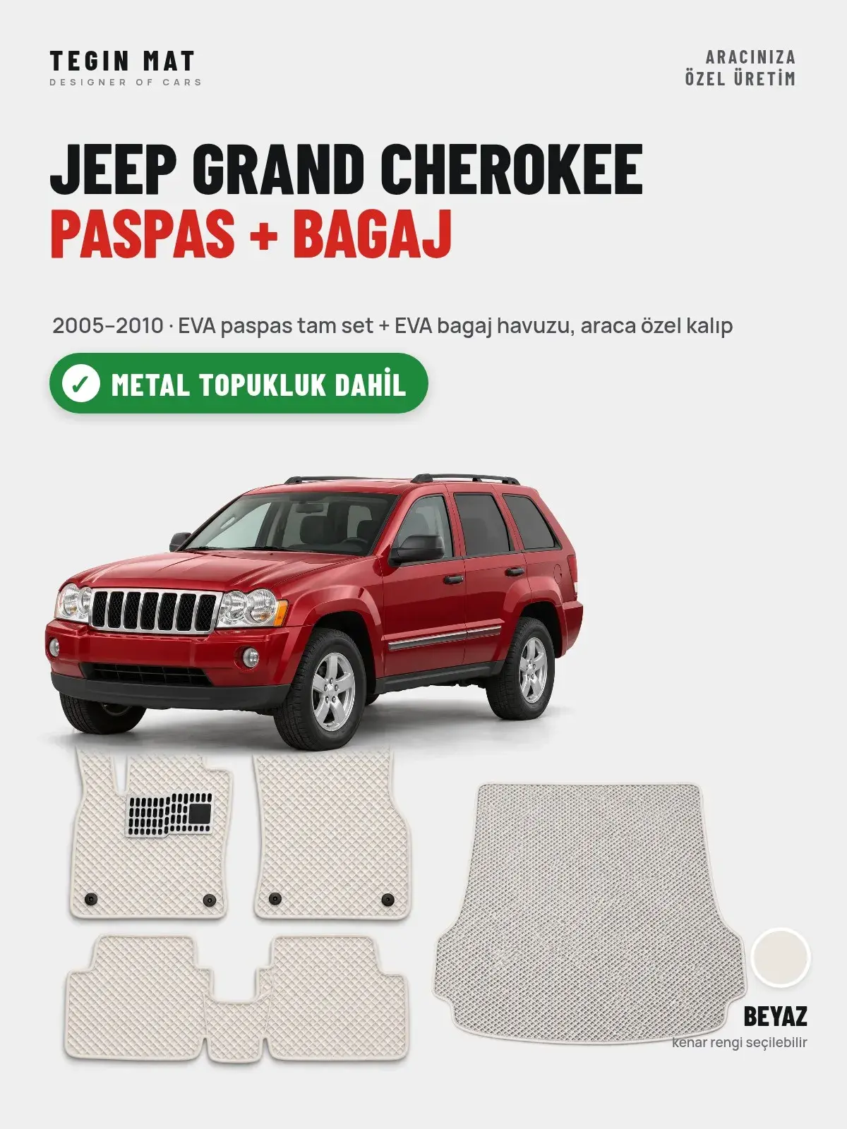 Jeep Grand Cherokee EVA Paspas + Bagaj Havuzu Seti (2005–2010) Beyaz – Metal Topukluk Dahil (1)