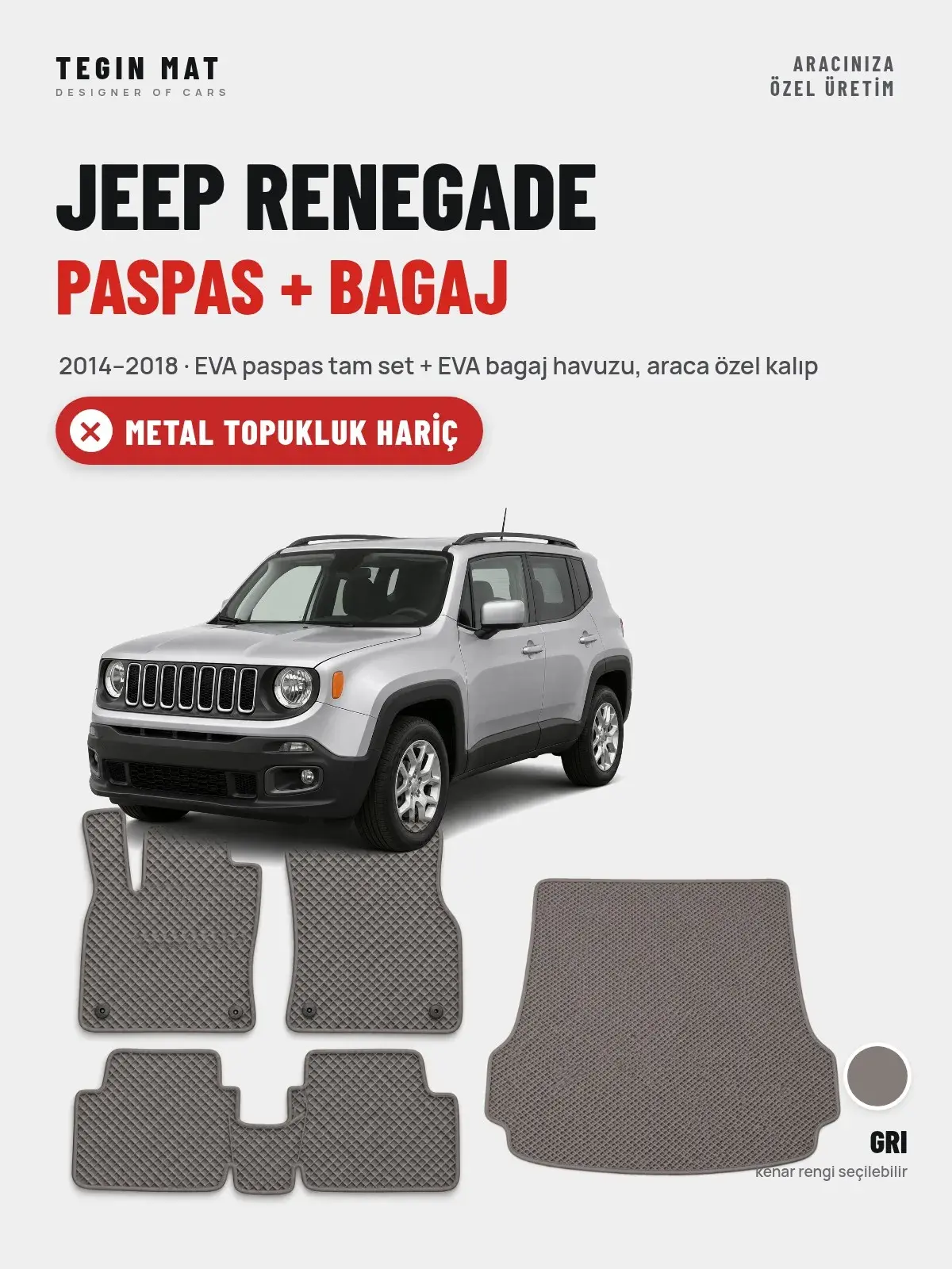 Jeep Renegade EVA Paspas + Bagaj Havuzu Seti (2014–2018) Gri – Metal Topukluk Hariç (1)