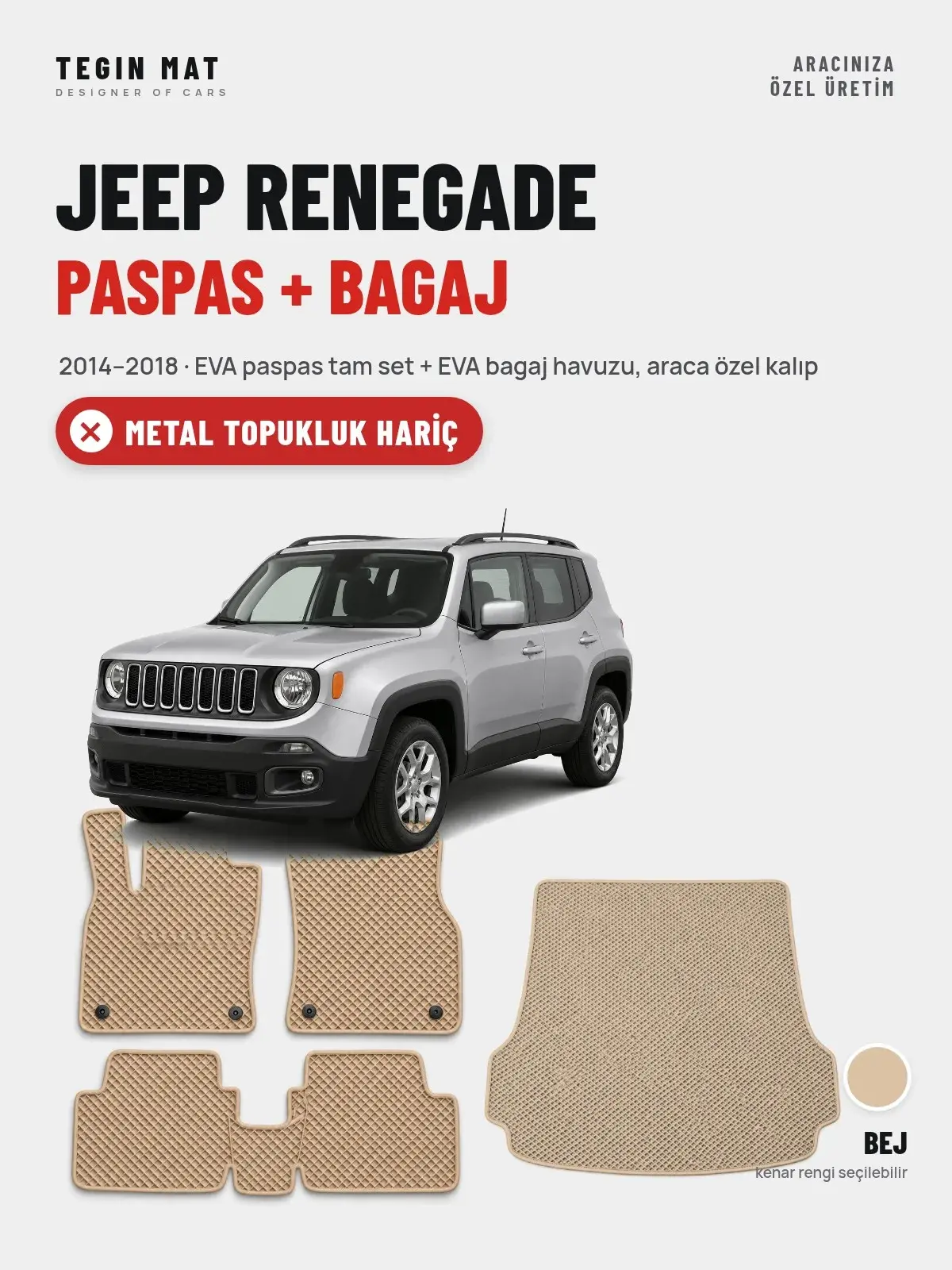 Jeep Renegade EVA Paspas + Bagaj Havuzu Seti (2014–2018) Bej – Metal Topukluk Hariç (1)
