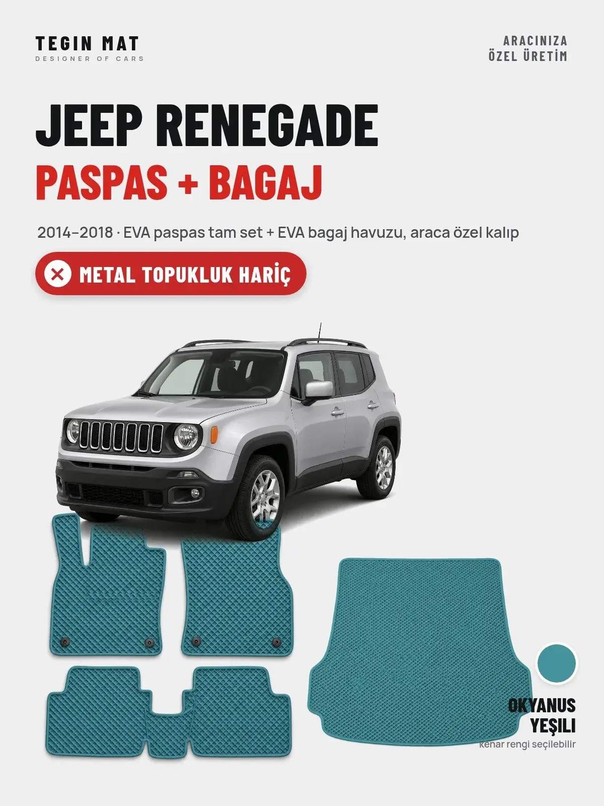 Jeep Renegade EVA Paspas + Bagaj Havuzu Seti (2014–2018) Okyanus Yeşili – Metal Topukluk Hariç (1)