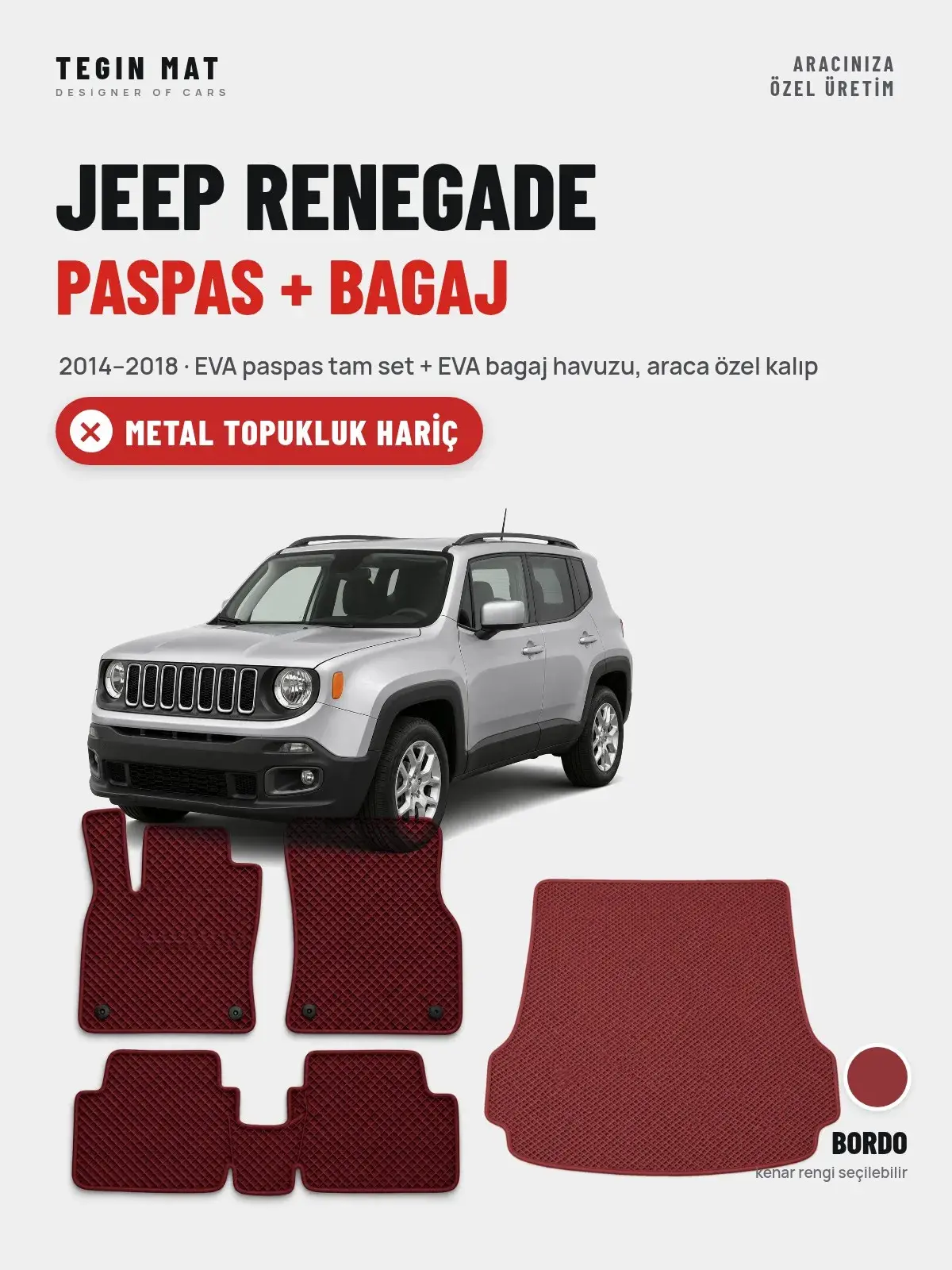 Jeep Renegade EVA Paspas + Bagaj Havuzu Seti (2014–2018) Bordo – Metal Topukluk Hariç (1)