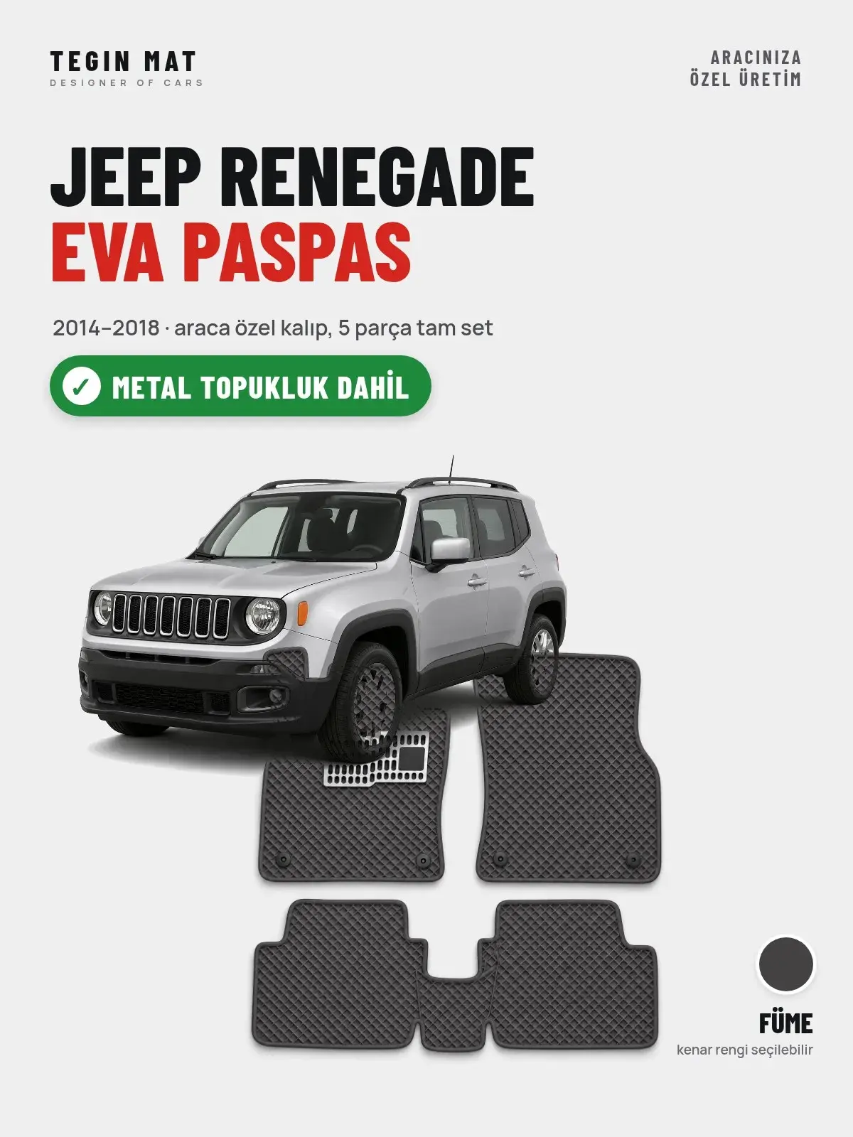 Jeep Renegade EVA Oto Paspas Tam Set (2014–2018) Füme – Metal Topukluk Dahil (1)