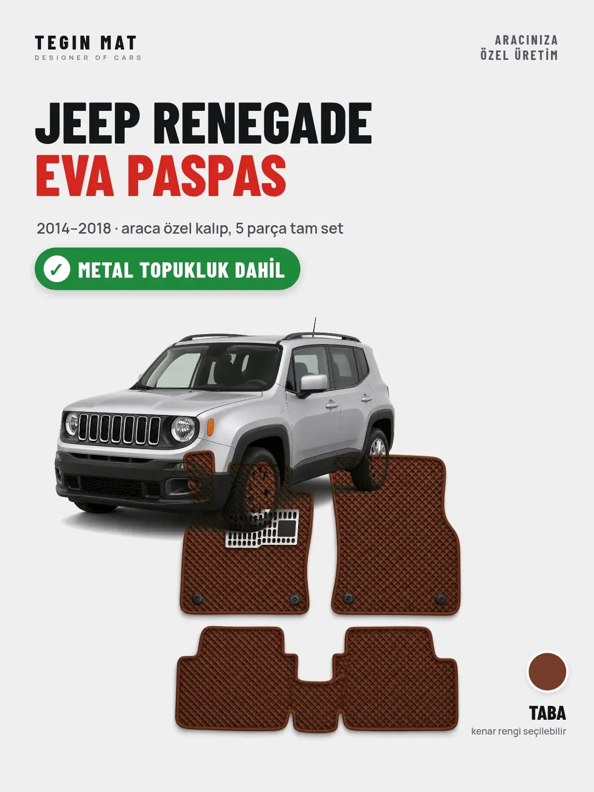 Jeep Renegade EVA Oto Paspas Tam Set (2014–2018) Taba – Metal Topukluk Dahil (1)