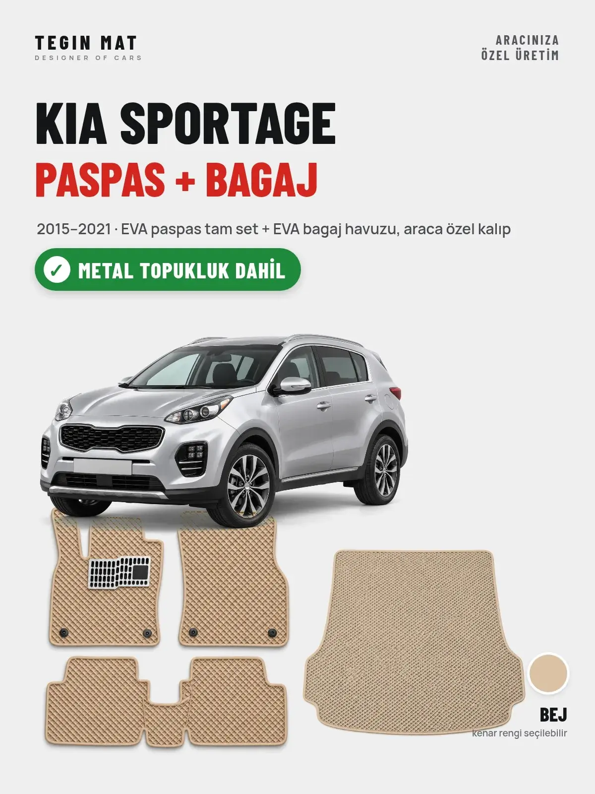 Kia Sportage EVA Paspas + Bagaj Havuzu Seti (2015–2021) Bej – Metal Topukluk Dahil (1)