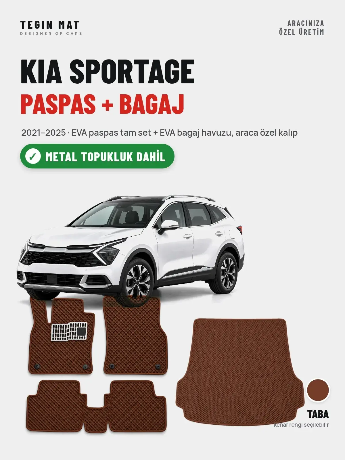 Kia Sportage EVA Paspas + Bagaj Havuzu Seti (2021–2025) Taba – Metal Topukluk Dahil (1)