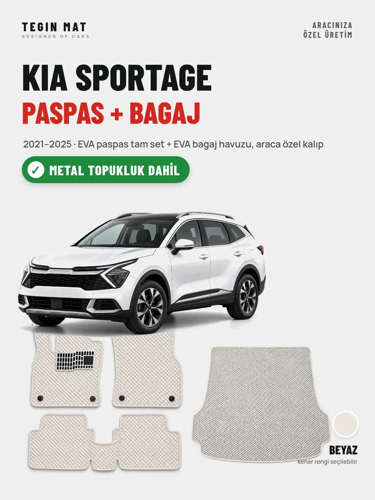 Kia Sportage EVA Paspas + Bagaj Havuzu Seti (2021–2025) Beyaz – Metal Topukluk Dahil (1)