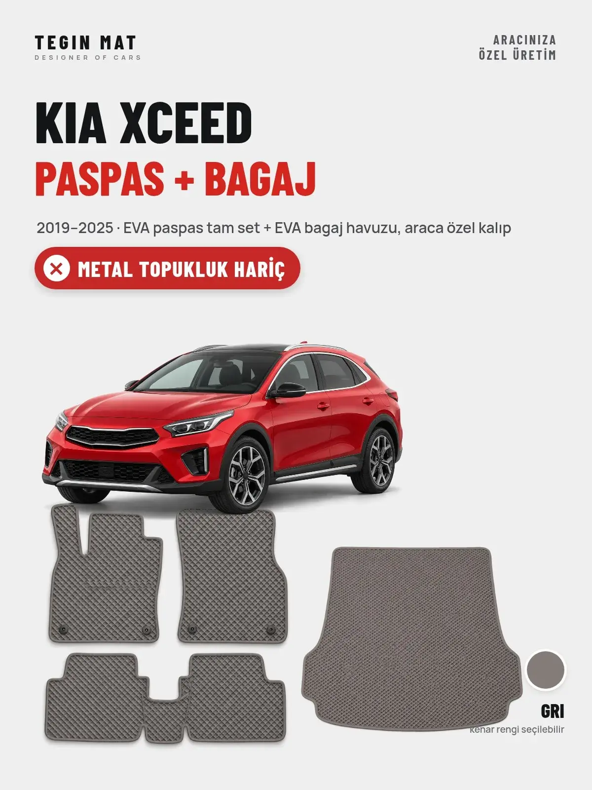 Kia XCeed EVA Paspas + Bagaj Havuzu Seti (2019–2025) Gri – Metal Topukluk Hariç (1)