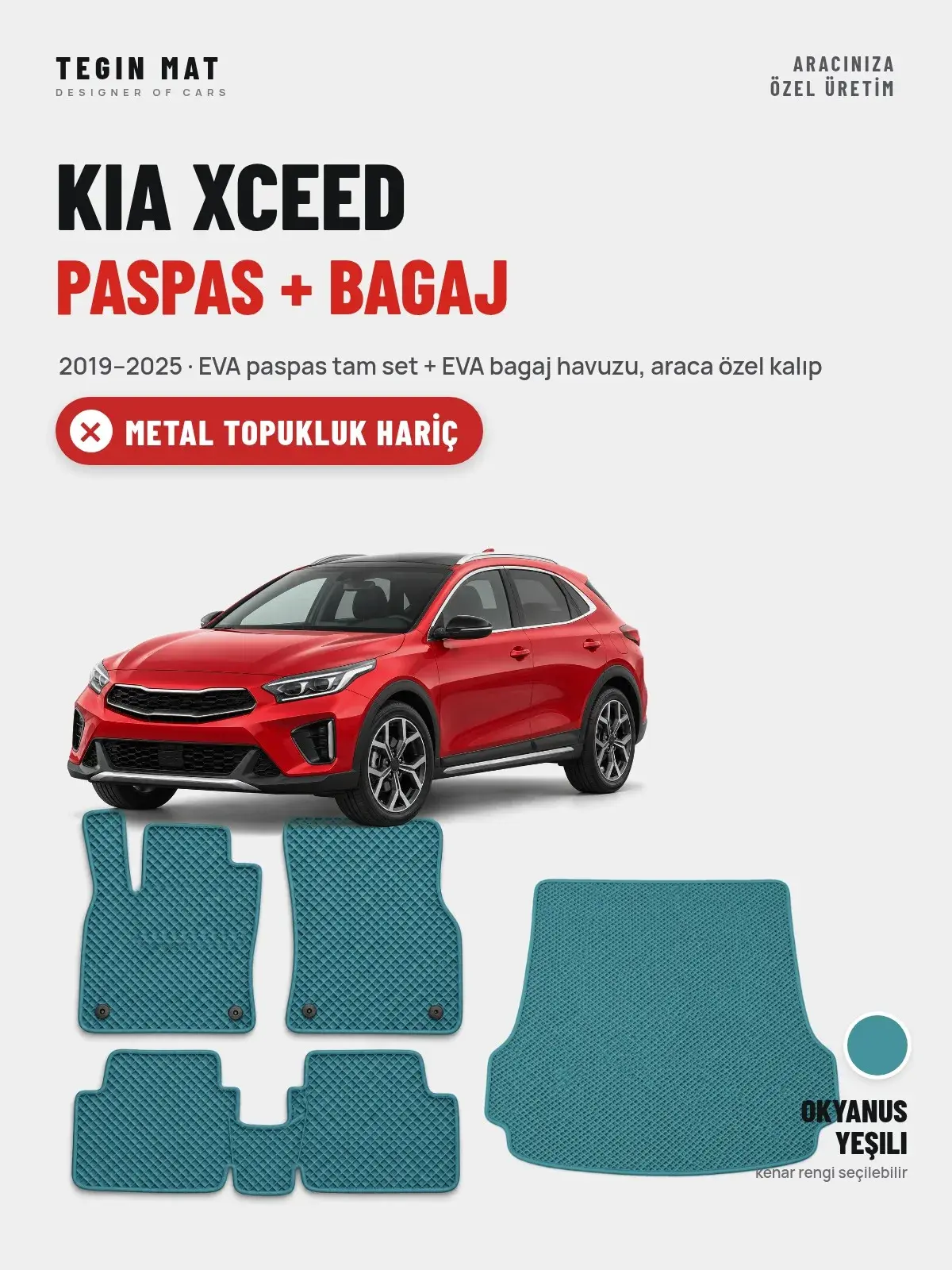 Kia XCeed EVA Paspas + Bagaj Havuzu Seti (2019–2025) Okyanus Yeşili – Metal Topukluk Hariç (1)