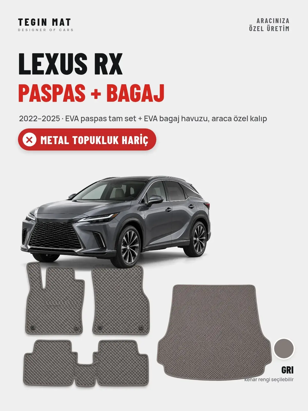 Lexus RX EVA Paspas + Bagaj Havuzu Seti (2022–2025) Gri – Metal Topukluk Hariç (1)