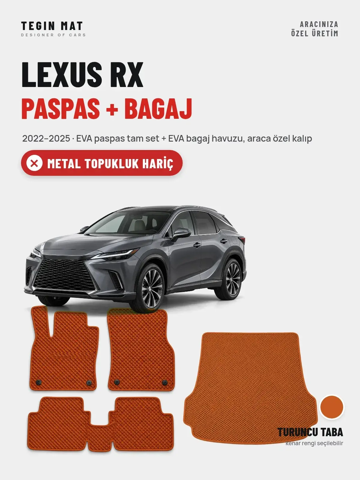 Lexus RX EVA Paspas + Bagaj Havuzu Seti (2022–2025) Turuncu Taba – Metal Topukluk Hariç (1)