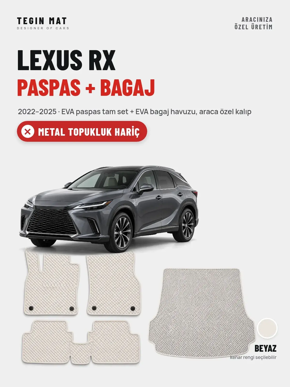 Lexus RX EVA Paspas + Bagaj Havuzu Seti (2022–2025) Beyaz – Metal Topukluk Hariç (1)