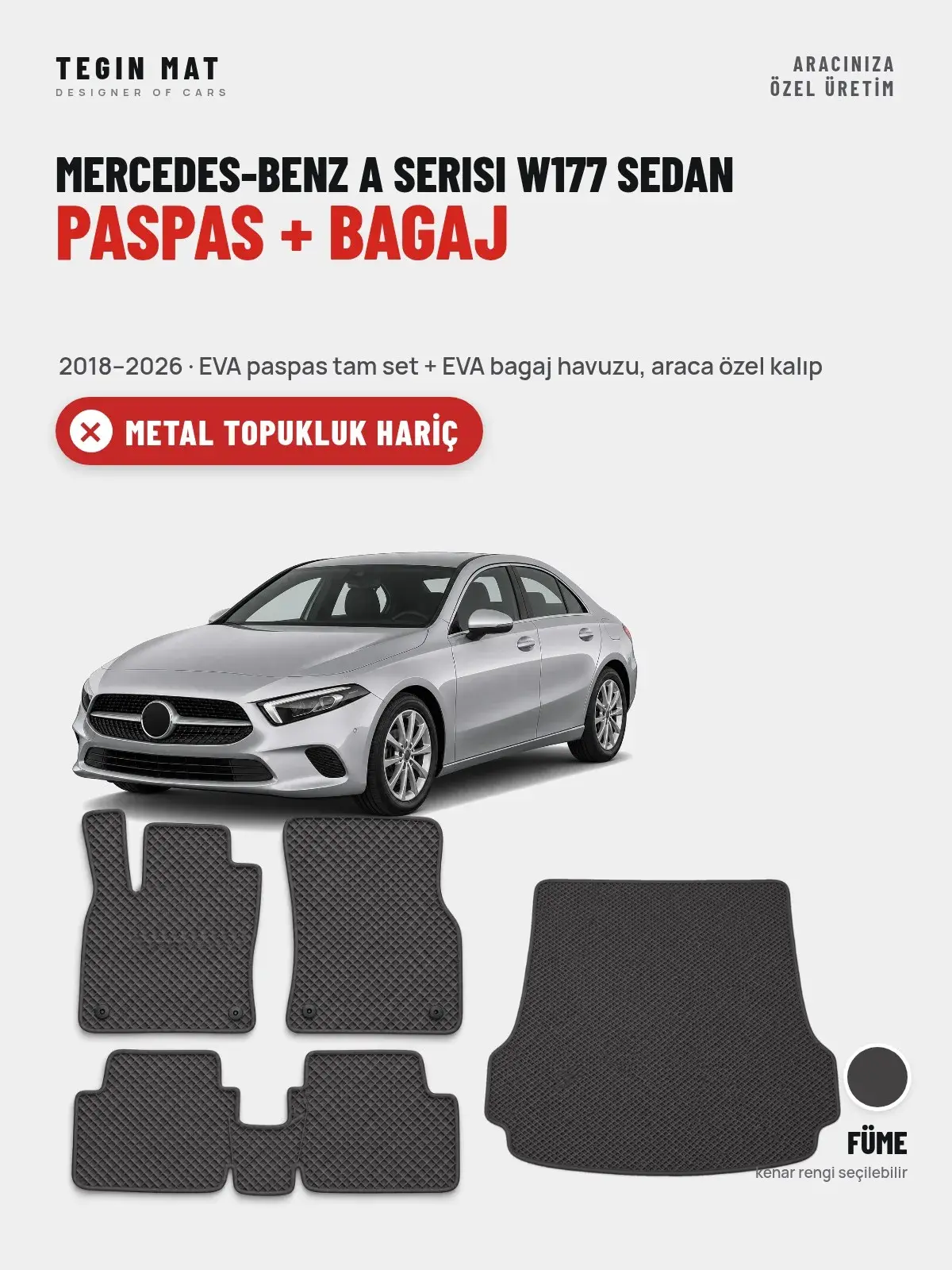 Mercedes-Benz A Serisi W177 Sedan EVA Paspas + Bagaj Havuzu Seti (2018–2026) Füme – Metal Topukluk Hariç (1)