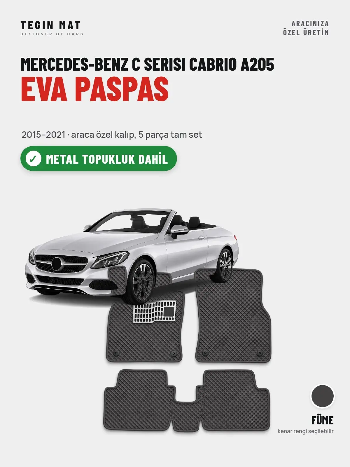 Mercedes-Benz C Serisi Cabrio A205 EVA Oto Paspas Tam Set (2015–2021) Füme – Metal Topukluk Dahil (1)