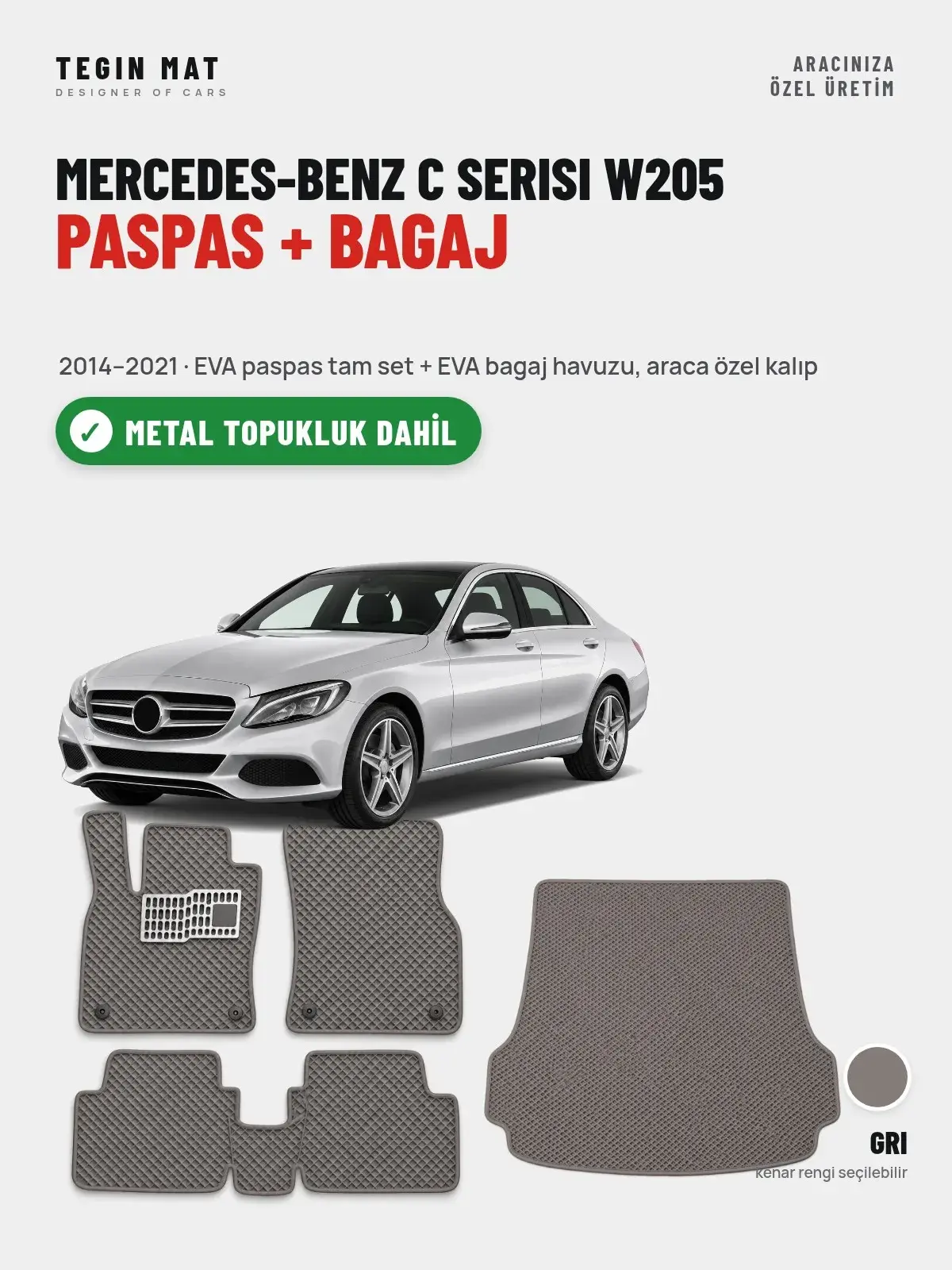Mercedes-Benz C Serisi W205 EVA Paspas + Bagaj Havuzu Seti (2014–2021) Gri – Metal Topukluk Dahil (1)