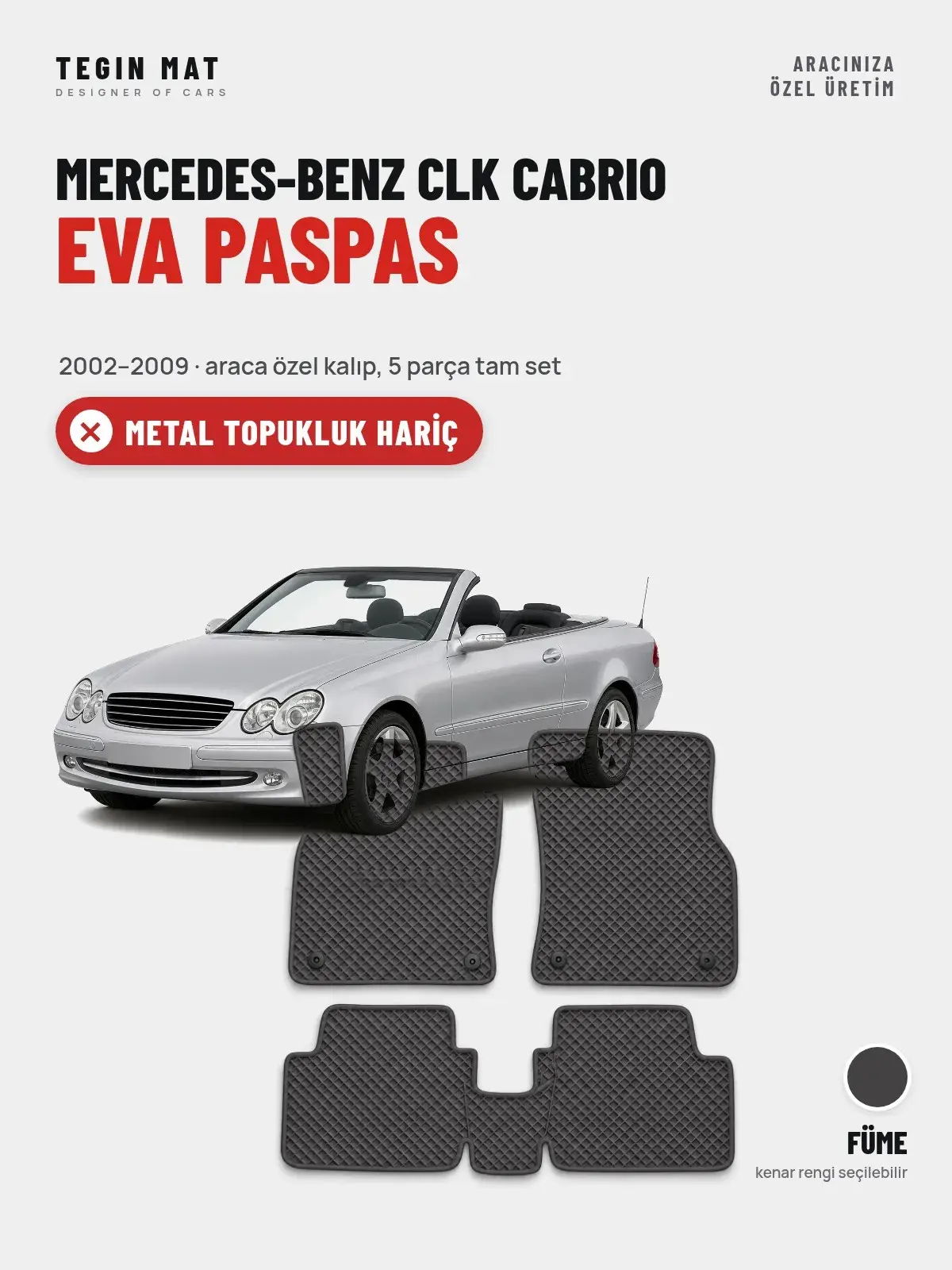 Mercedes-Benz CLK Cabrio EVA Oto Paspas Tam Set (2002–2009) Füme – Metal Topukluk Hariç (1)