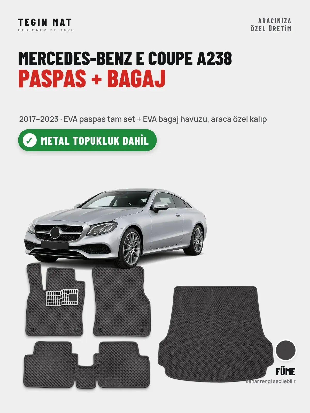 Mercedes-Benz E Coupe A238 EVA Paspas + Bagaj Havuzu Seti (2017–2023) Füme – Metal Topukluk Dahil (1)