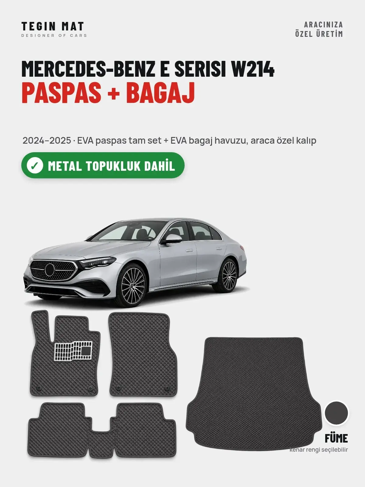 Mercedes-Benz E Serisi W214 EVA Paspas + Bagaj Havuzu Seti (2024–2025) Füme – Metal Topukluk Dahil (1)