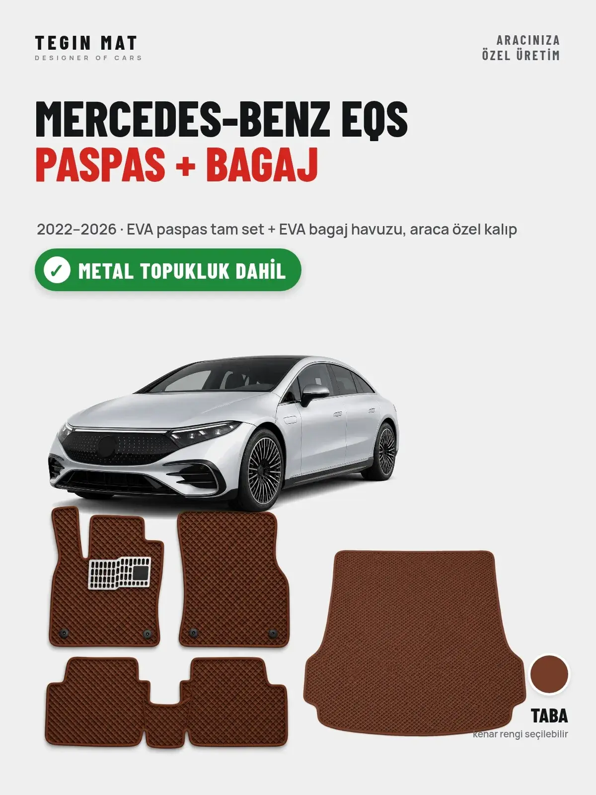Mercedes-Benz EQS EVA Paspas + Bagaj Havuzu Seti (2022–2026) Taba – Metal Topukluk Dahil (1)