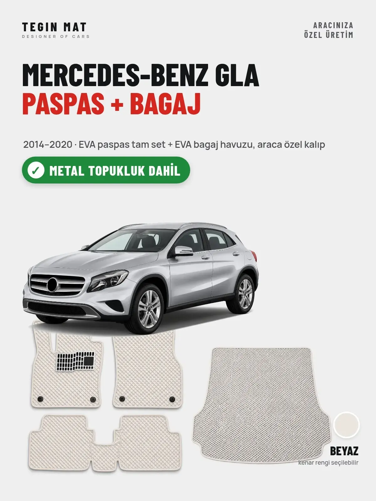 Mercedes-Benz GLA EVA Paspas + Bagaj Havuzu Seti (2014–2020) Beyaz – Metal Topukluk Dahil (1)