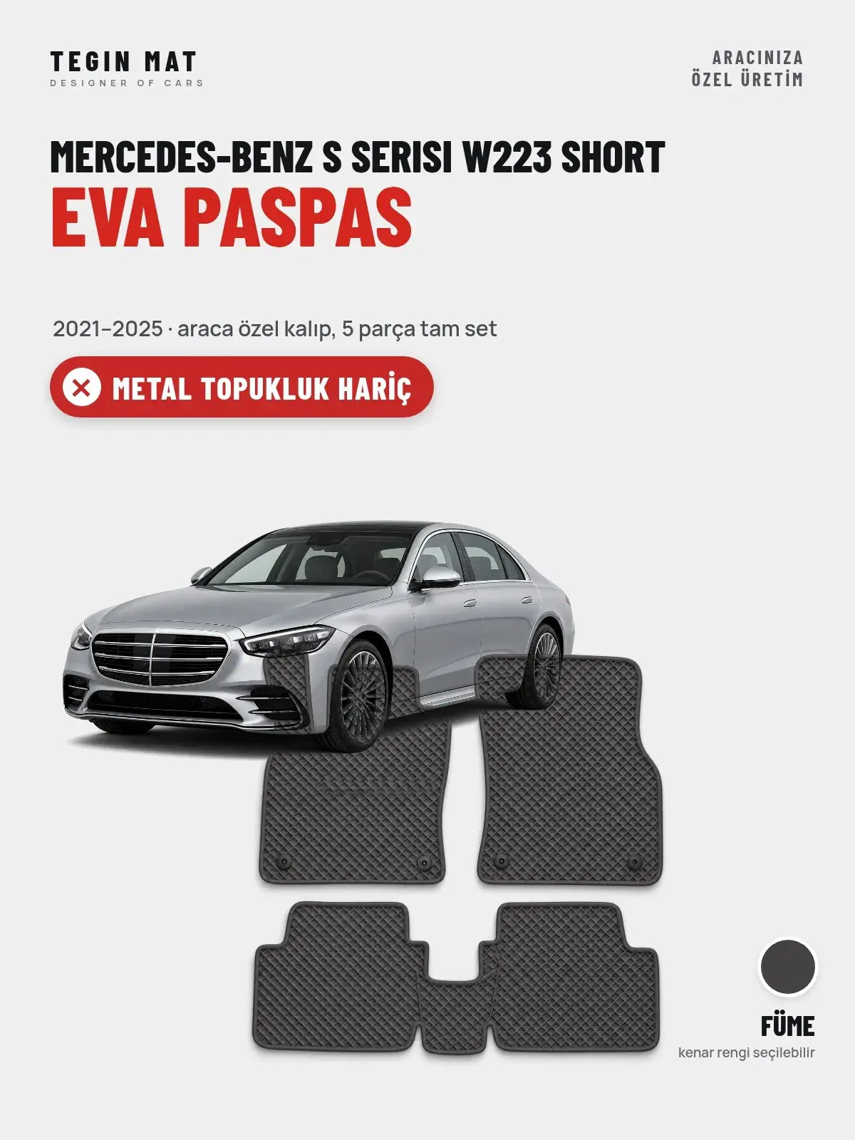 Mercedes-Benz S Serisi W223 Short EVA Oto Paspas Tam Set (2021–2025) Füme – Metal Topukluk Hariç (1)
