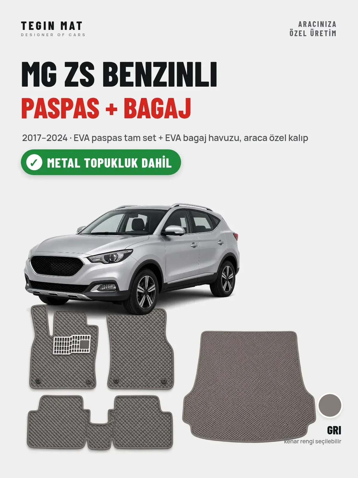 MG ZS Benzinli EVA Paspas + Bagaj Havuzu Seti (2017–2024) Gri – Metal Topukluk Dahil (1)