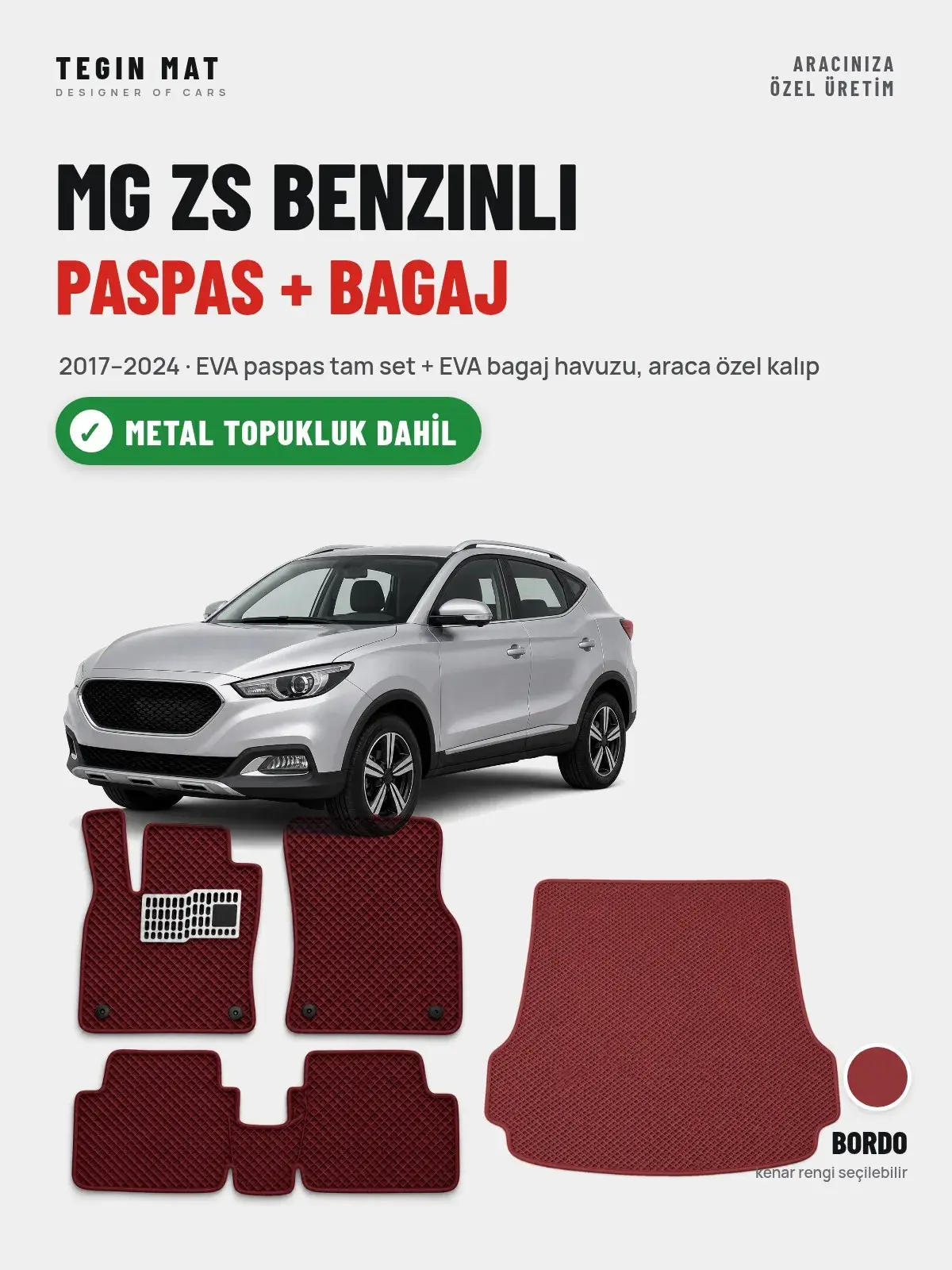 MG ZS Benzinli EVA Paspas + Bagaj Havuzu Seti (2017–2024) Bordo – Metal Topukluk Dahil (1)