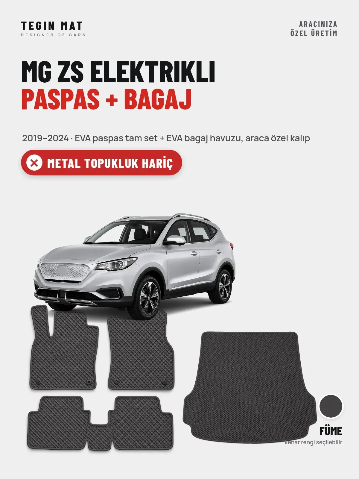 MG ZS Elektrikli EVA Paspas + Bagaj Havuzu Seti (2019–2024) Füme – Metal Topukluk Hariç (1)
