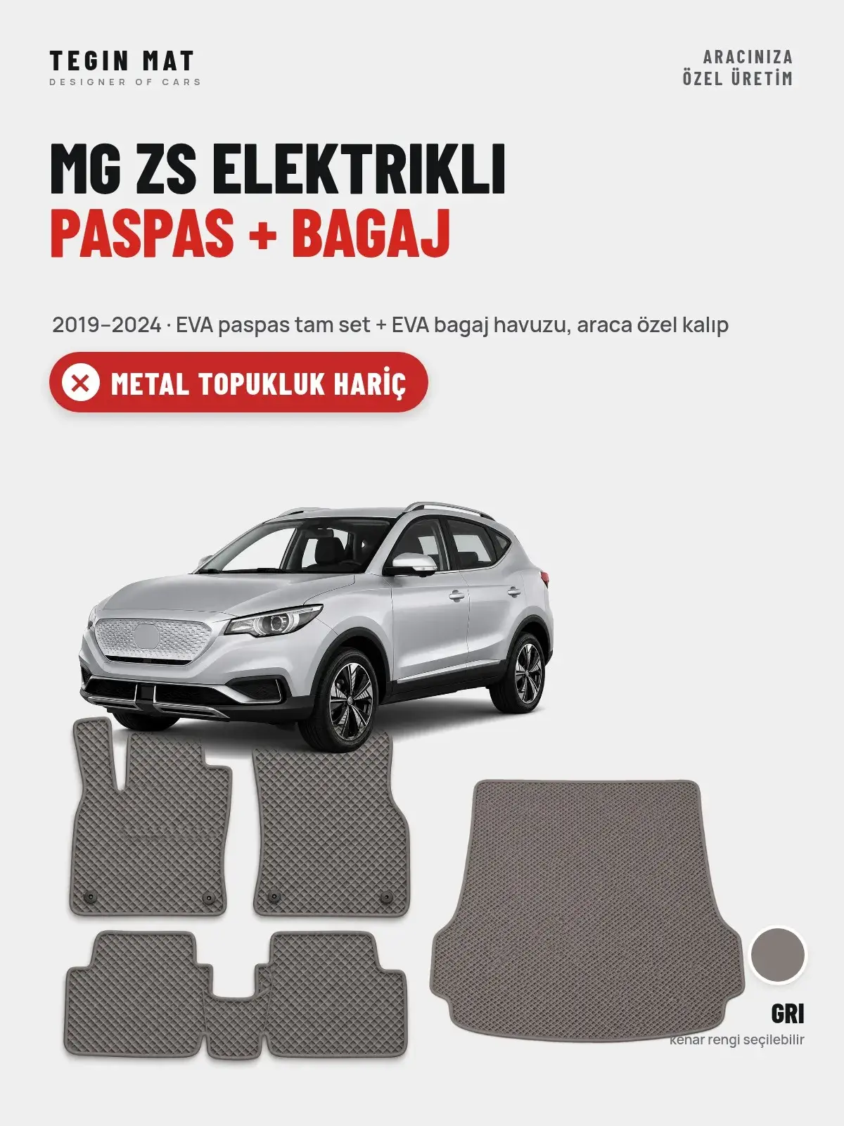 MG ZS Elektrikli EVA Paspas + Bagaj Havuzu Seti (2019–2024) Gri – Metal Topukluk Hariç (1)