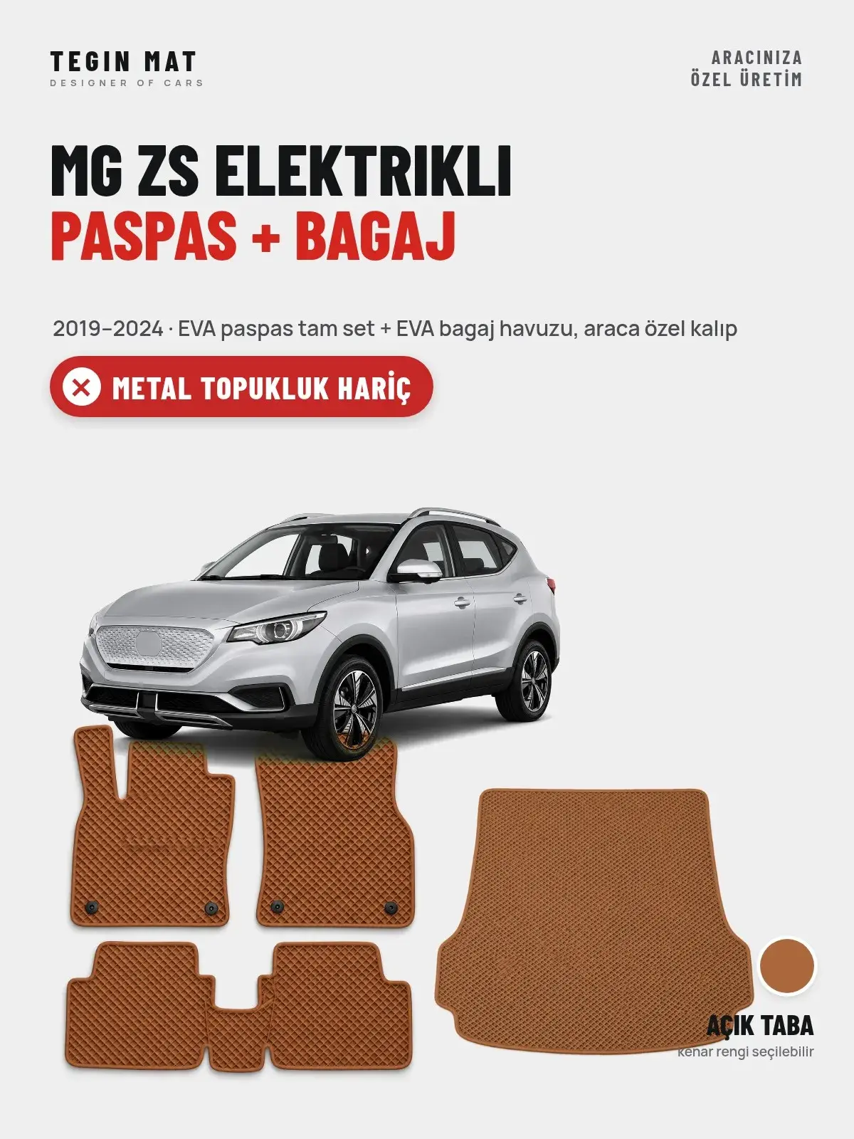 MG ZS Elektrikli EVA Paspas + Bagaj Havuzu Seti (2019–2024) Açık Taba – Metal Topukluk Hariç (1)