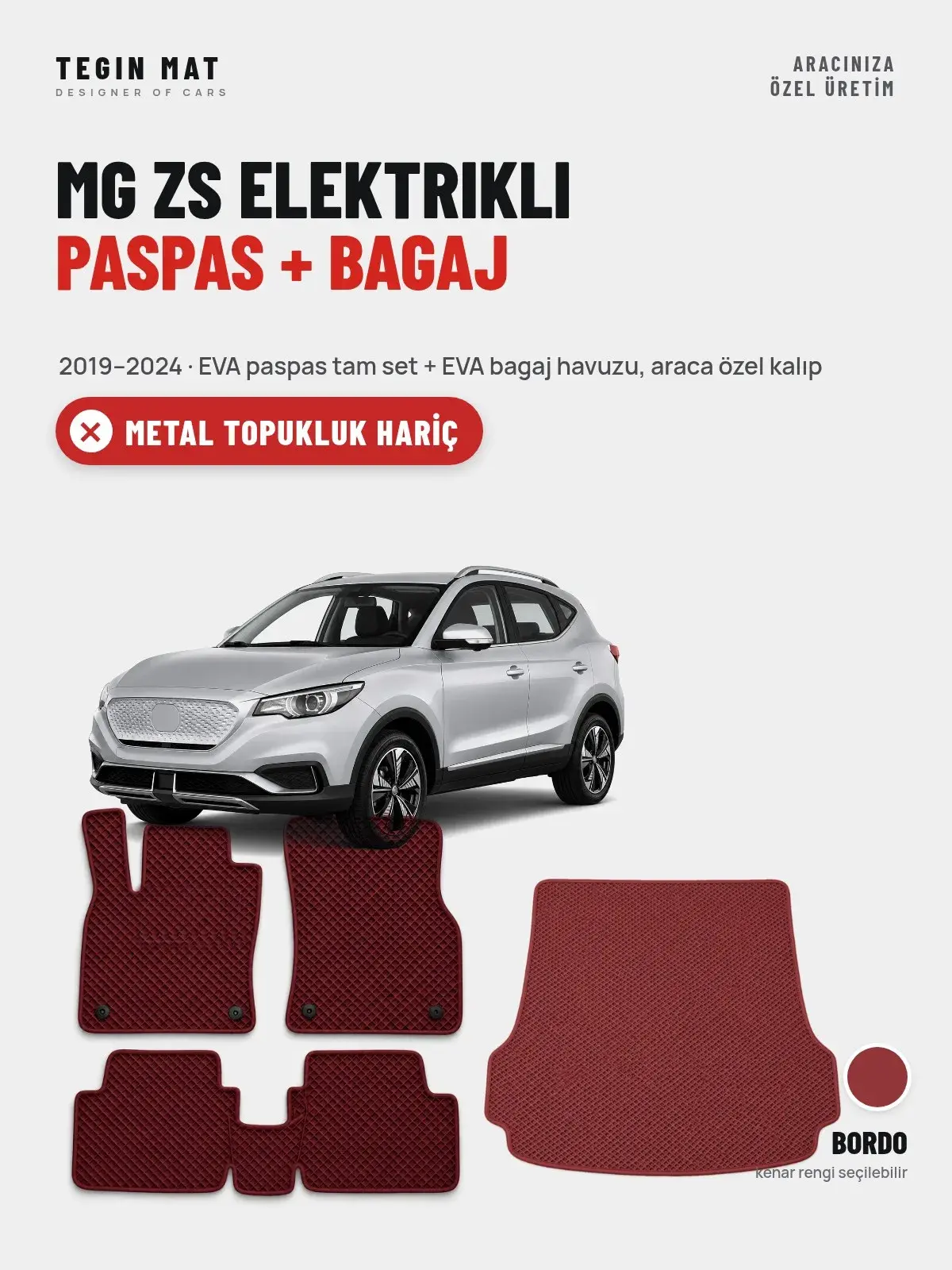 MG ZS Elektrikli EVA Paspas + Bagaj Havuzu Seti (2019–2024) Bordo – Metal Topukluk Hariç (1)