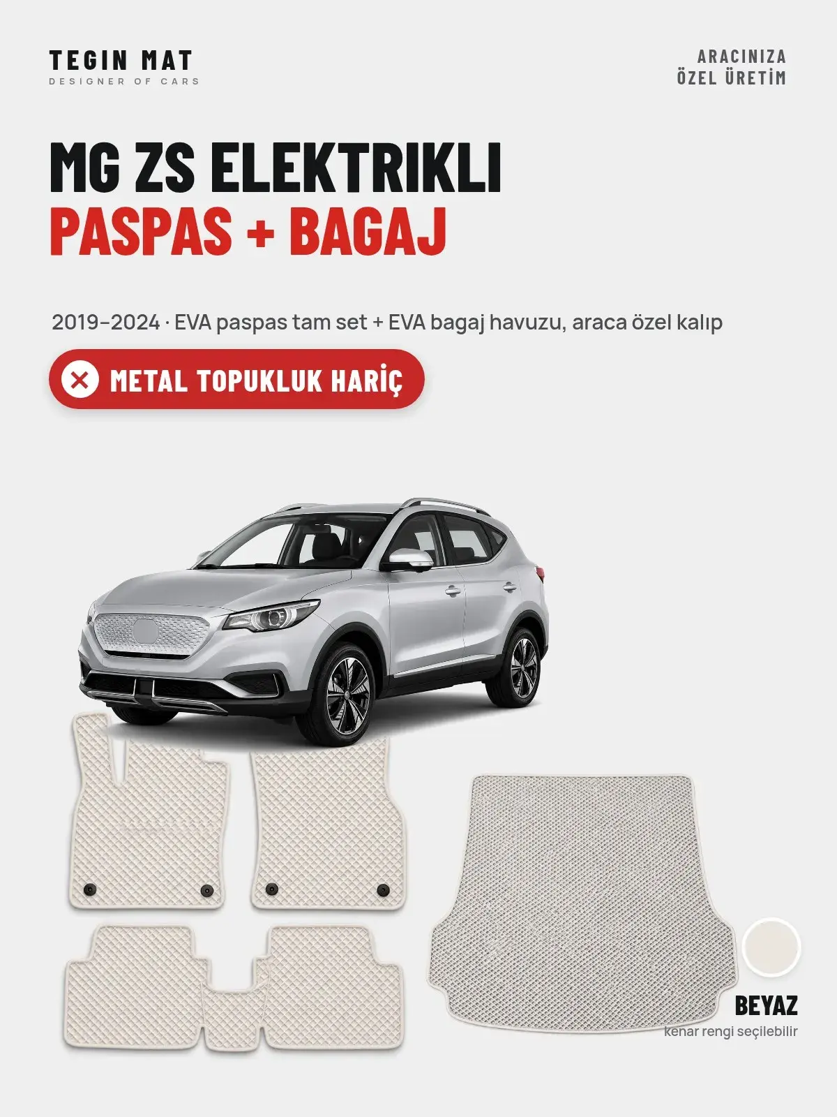MG ZS Elektrikli EVA Paspas + Bagaj Havuzu Seti (2019–2024) Beyaz – Metal Topukluk Hariç (1)
