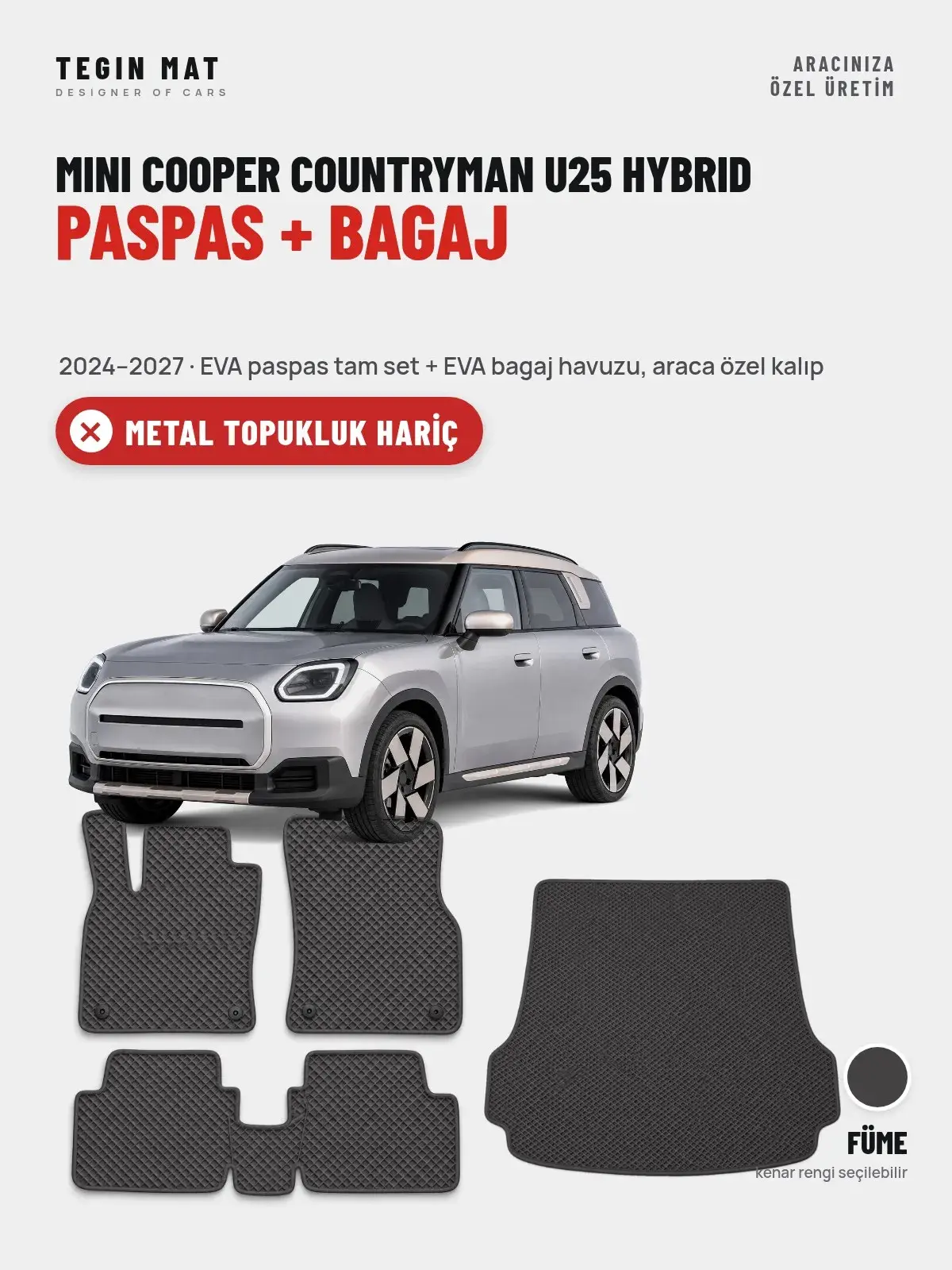 MINI Cooper Countryman U25 Hybrid EVA Paspas + Bagaj Havuzu Seti (2024–2027) Füme – Metal Topukluk Hariç (1)