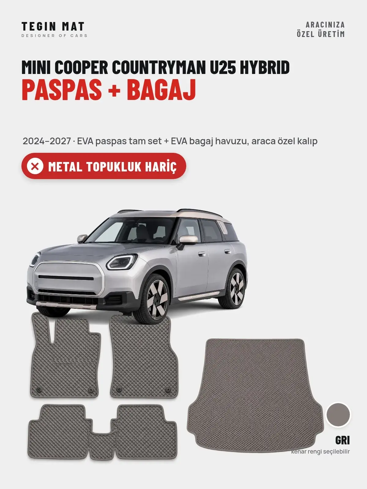 MINI Cooper Countryman U25 Hybrid EVA Paspas + Bagaj Havuzu Seti (2024–2027) Gri – Metal Topukluk Hariç (1)