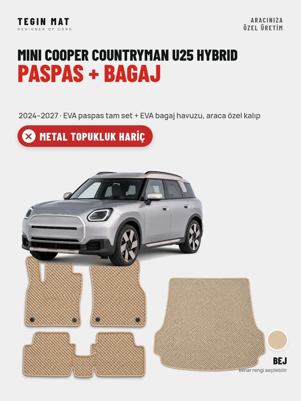 MINI Cooper Countryman U25 Hybrid EVA Paspas + Bagaj Havuzu Seti (2024–2027) Bej – Metal Topukluk Hariç (1)
