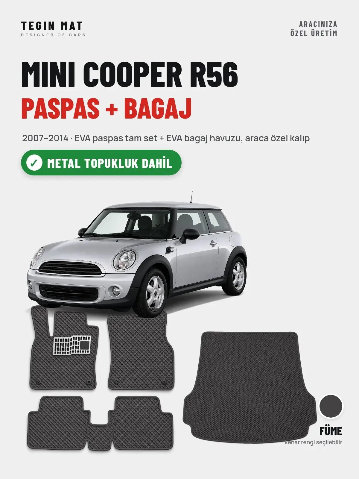 MINI Cooper R56 EVA Paspas + Bagaj Havuzu Seti (2007–2014) Füme – Metal Topukluk Dahil (1)