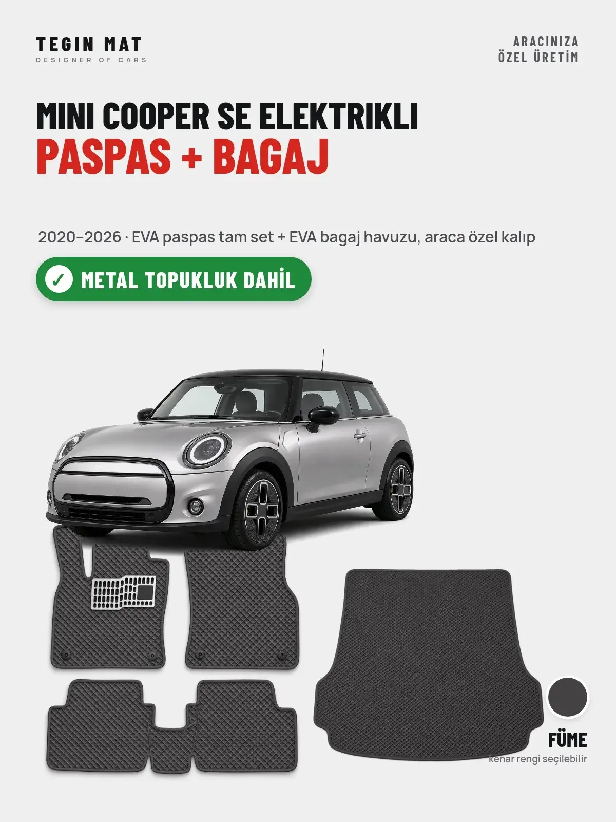 MINI Cooper SE Elektrikli EVA Paspas + Bagaj Havuzu Seti (2020–2026) Füme – Metal Topukluk Dahil (1)
