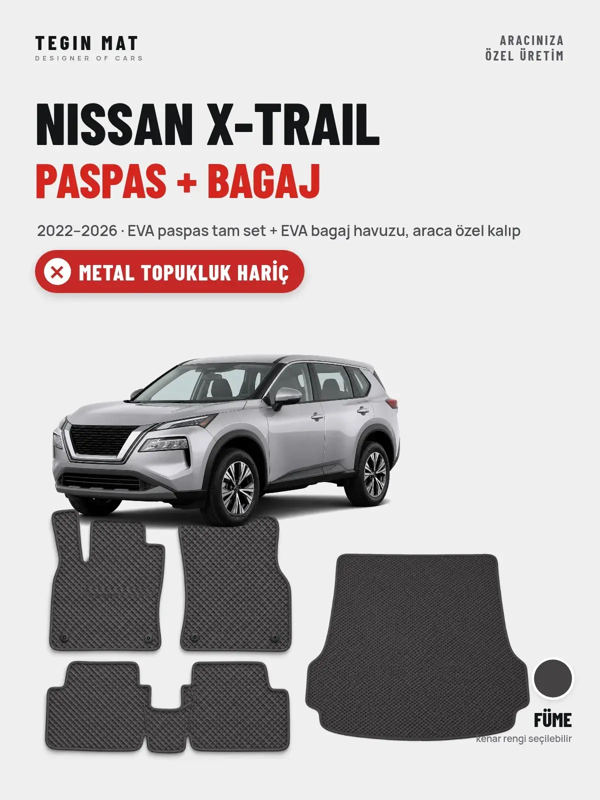Nissan X-Trail EVA Paspas + Bagaj Havuzu Seti (2022–2026) Füme – Metal Topukluk Hariç (1)