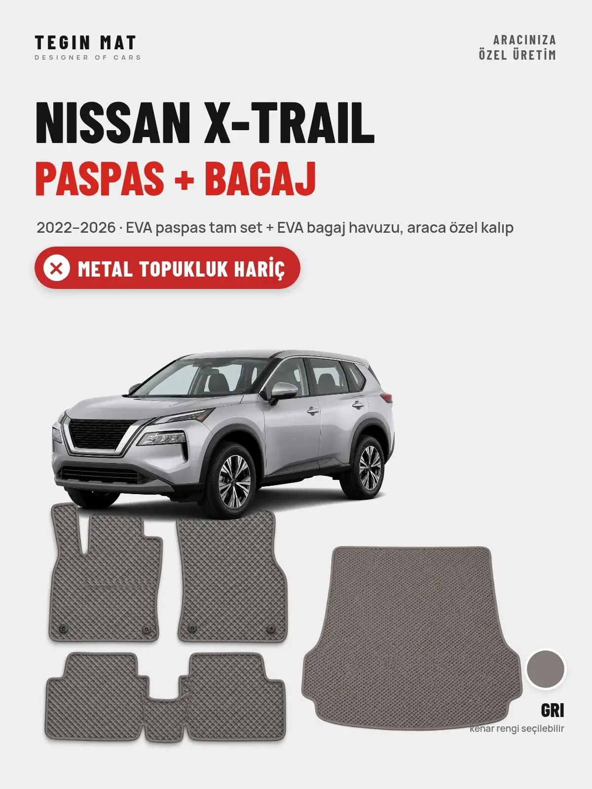 Nissan X-Trail EVA Paspas + Bagaj Havuzu Seti (2022–2026) Gri – Metal Topukluk Hariç (1)