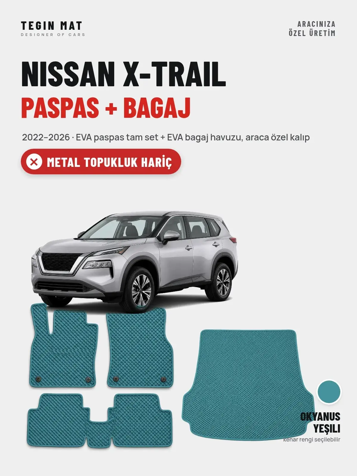 Nissan X-Trail EVA Paspas + Bagaj Havuzu Seti (2022–2026) Okyanus Yeşili – Metal Topukluk Hariç (1)