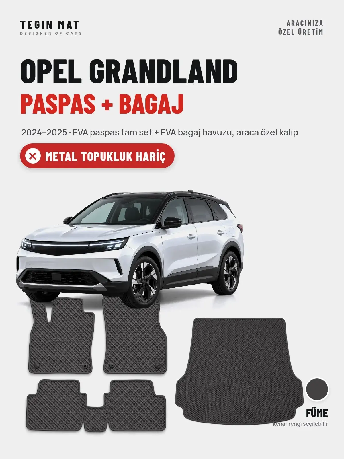 Opel Grandland EVA Paspas + Bagaj Havuzu Seti (2024–2025) Füme – Metal Topukluk Hariç (1)