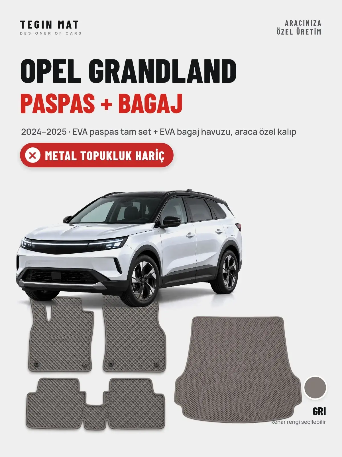 Opel Grandland EVA Paspas + Bagaj Havuzu Seti (2024–2025) Gri – Metal Topukluk Hariç (1)