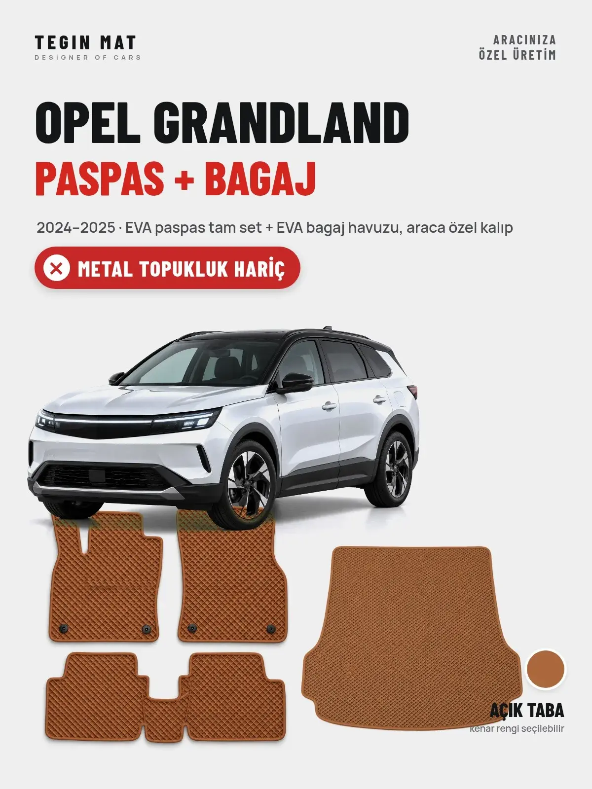 Opel Grandland EVA Paspas + Bagaj Havuzu Seti (2024–2025) Açık Taba – Metal Topukluk Hariç (1)