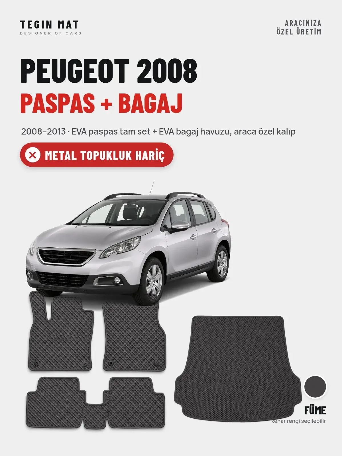 Peugeot 2008 EVA Paspas + Bagaj Havuzu Seti (2008–2013) Füme – Metal Topukluk Hariç (1)