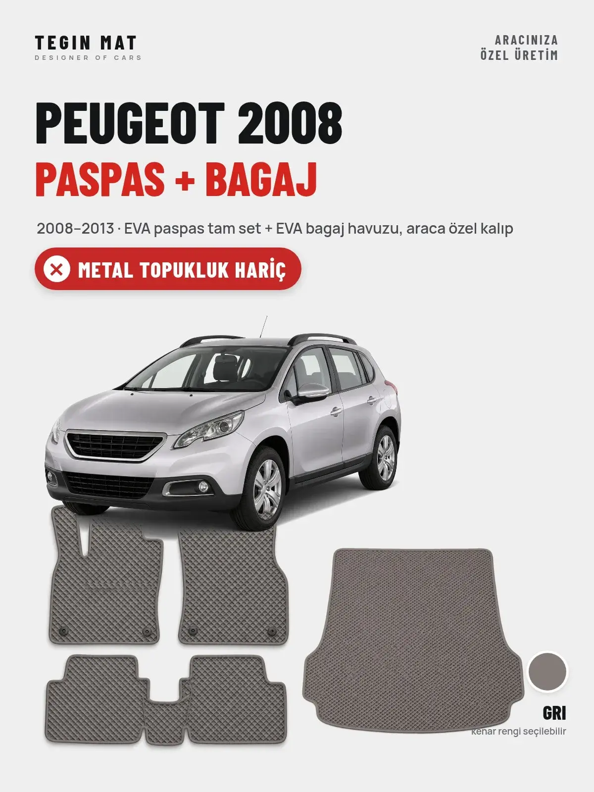 Peugeot 2008 EVA Paspas + Bagaj Havuzu Seti (2008–2013) Gri – Metal Topukluk Hariç (1)